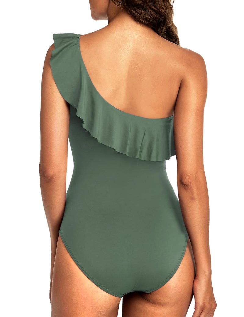 Hilor Women's One Shoulder Swimsuits Slimming Swimwear Asymmetric Ruffle One Piece Bathing Suits Army Green 8 - Image 4